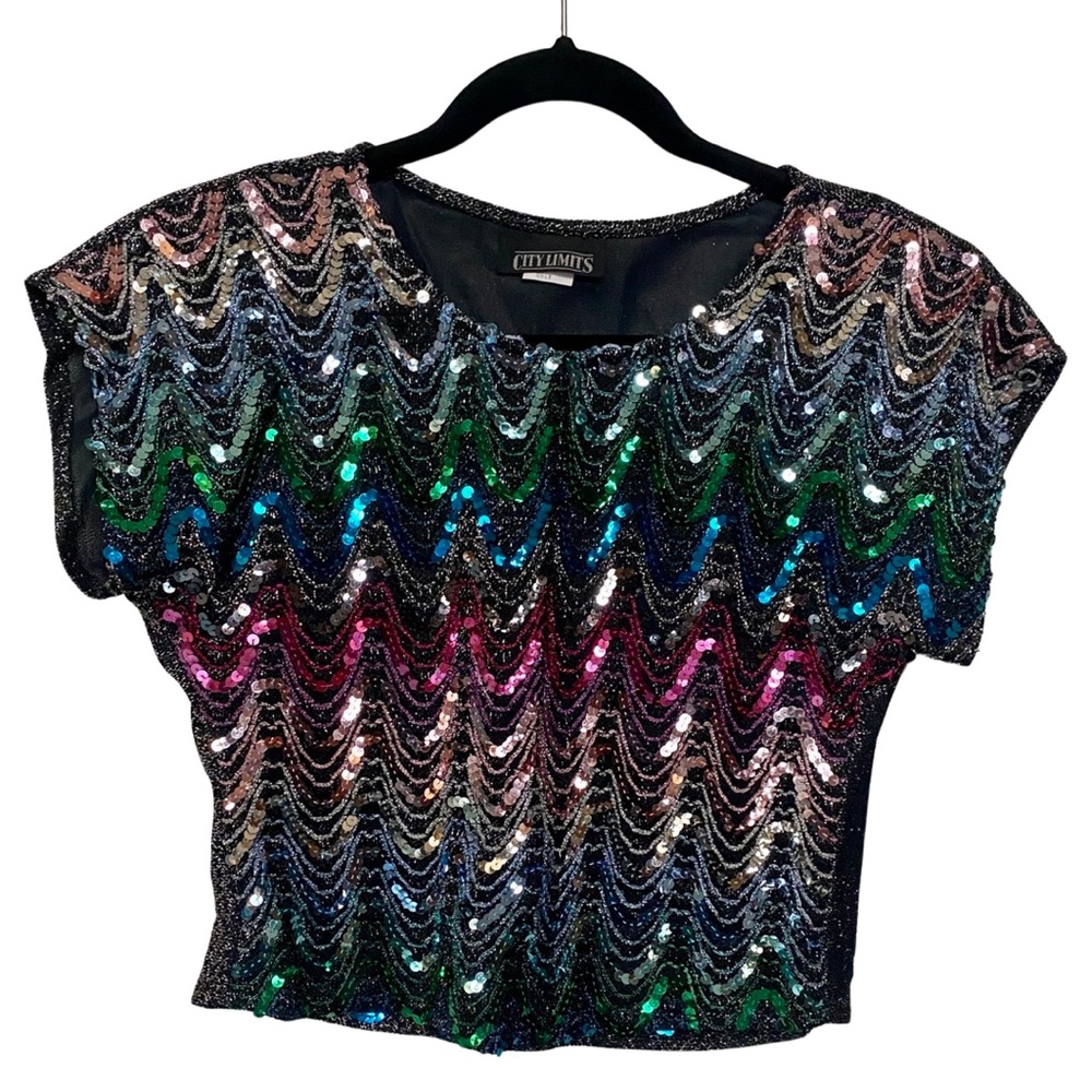 VTG disco‎ rainbow sequins crop top size small, short sleeve vintage